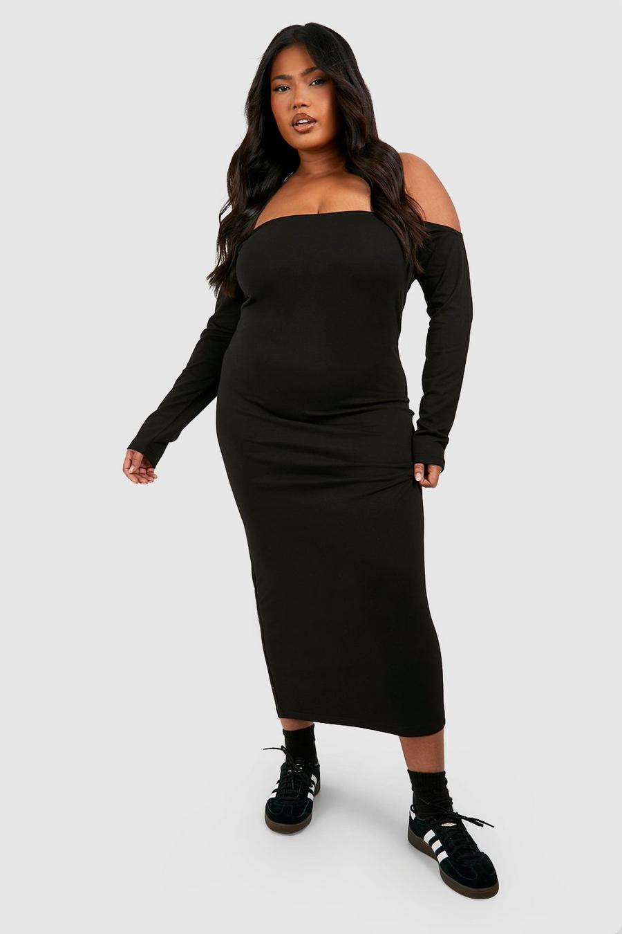 Black Plus Cotton Off Shoulder Midi Dress image number 1