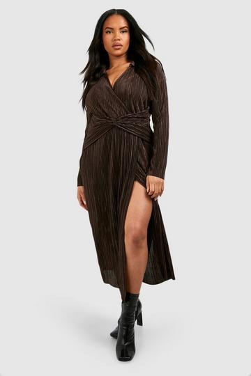 Plus Plisse Wrap Midi Dress chocolate