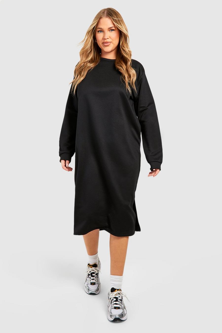 Vestido sudadera Plus oversize largo con abertura, Black