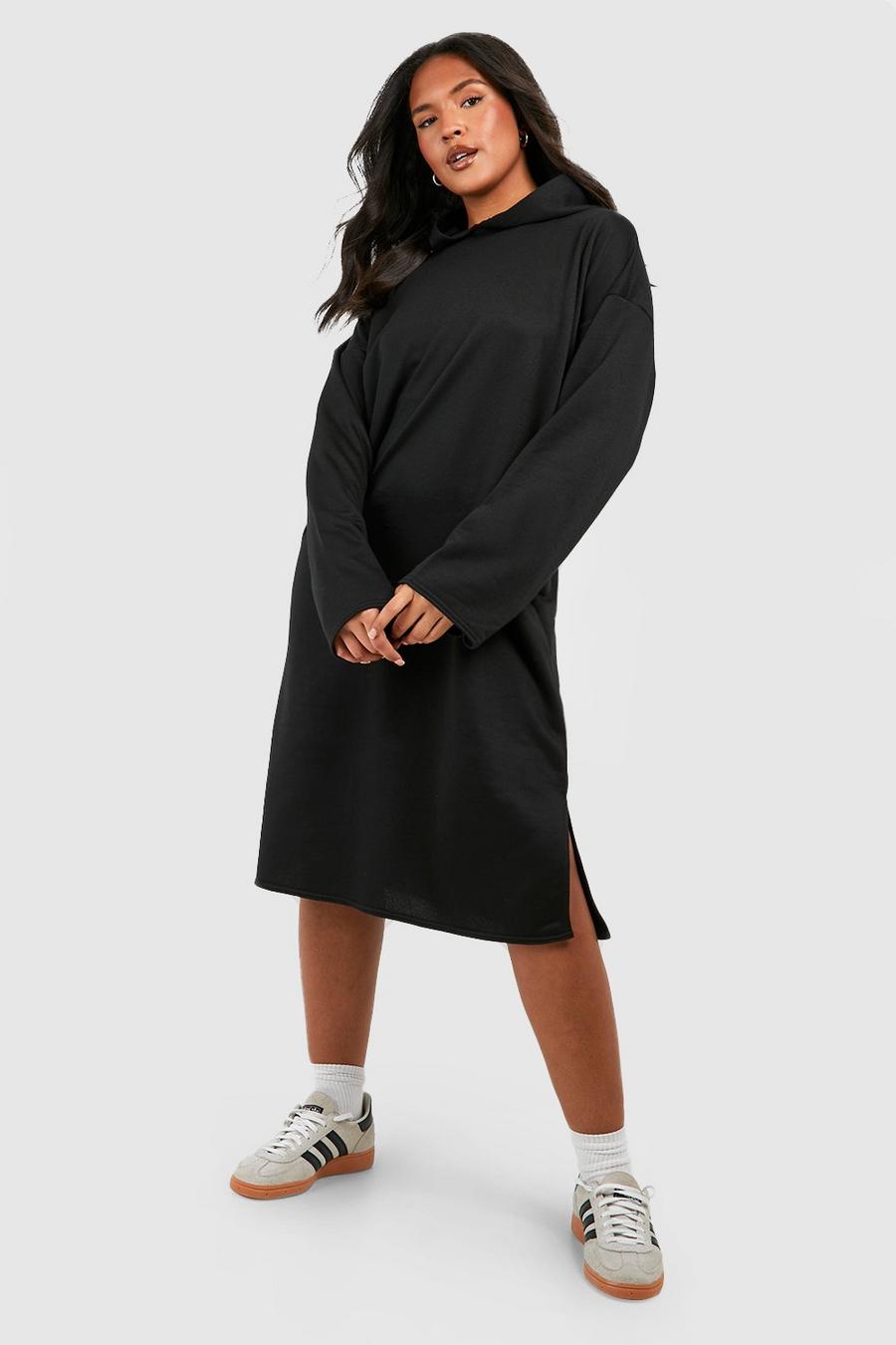 Vestido sudadera Plus oversize largo con abertura, Black
