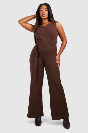 Plus Crepe Self Fabric Belted Wide Leg Jumpsuit chocolate