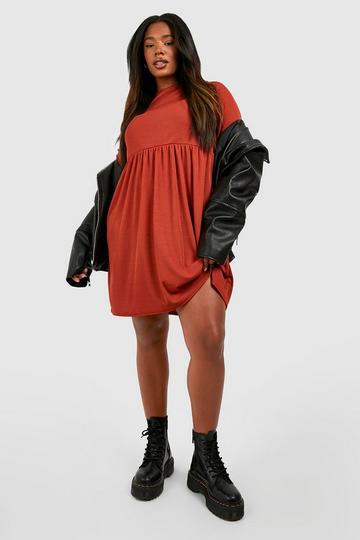 Plus Rib Long Sleeve Basic Smock Dress spice