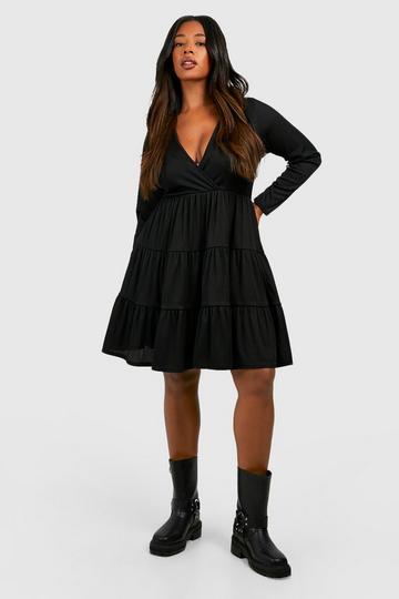 Plus Rib Long Sleeve Tiered Smock Dress black