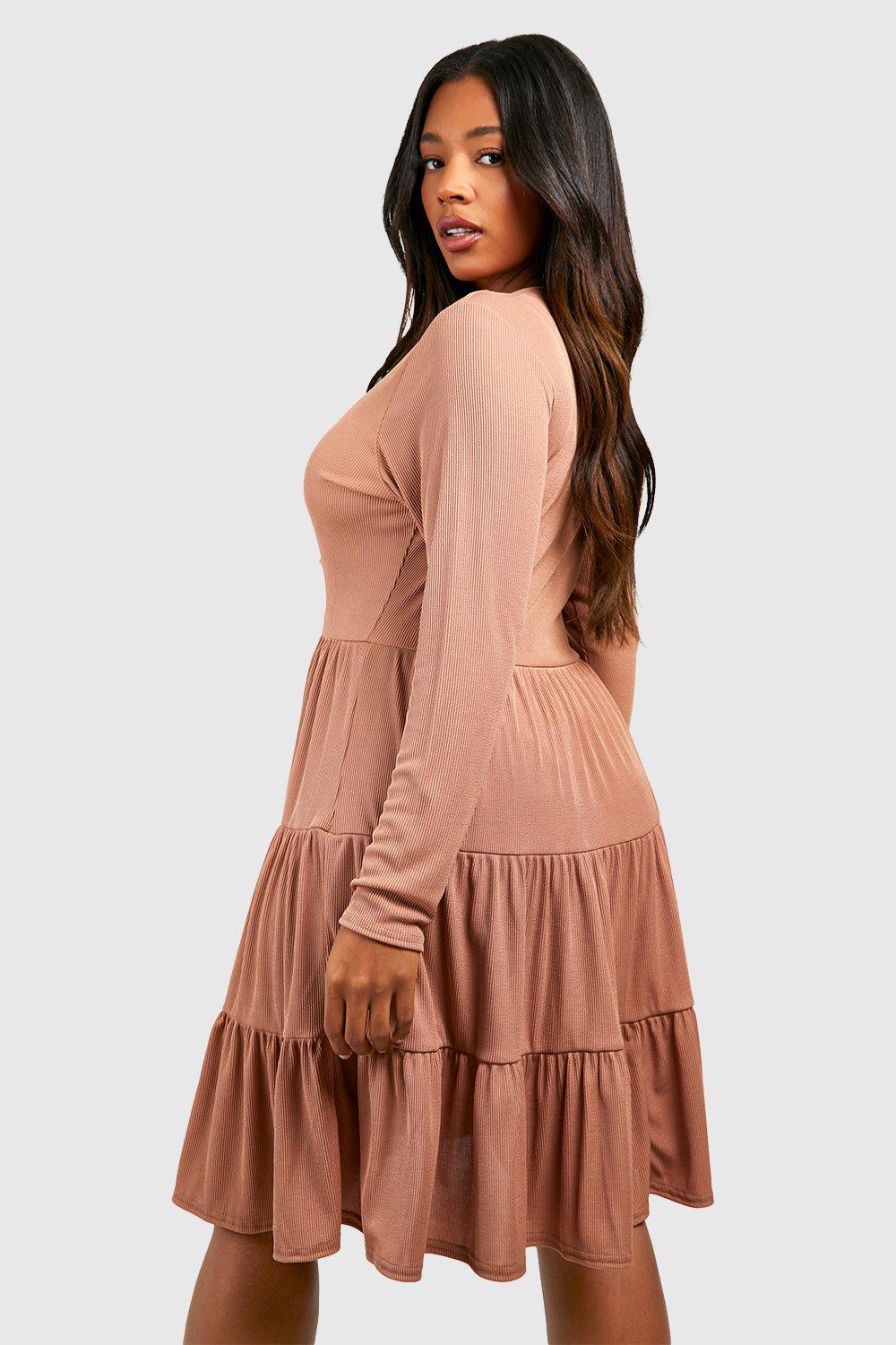 Plus Rib Long Sleeve Tiered Smock Dress boohoo