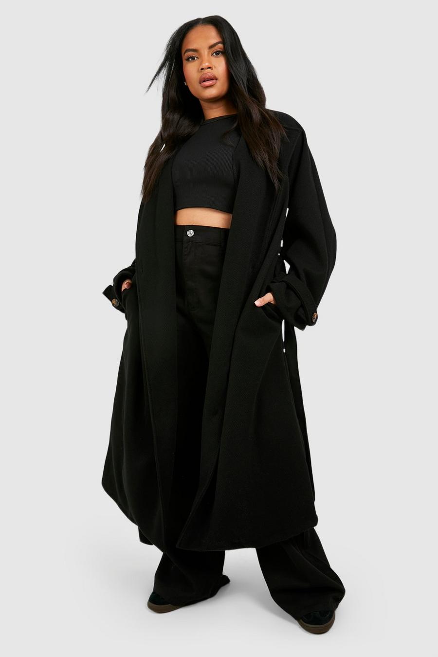 Grande taille - Manteau long effet laine à ceinture, Black image number 1