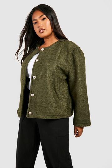 Plus Collarless Textured Jacket khaki