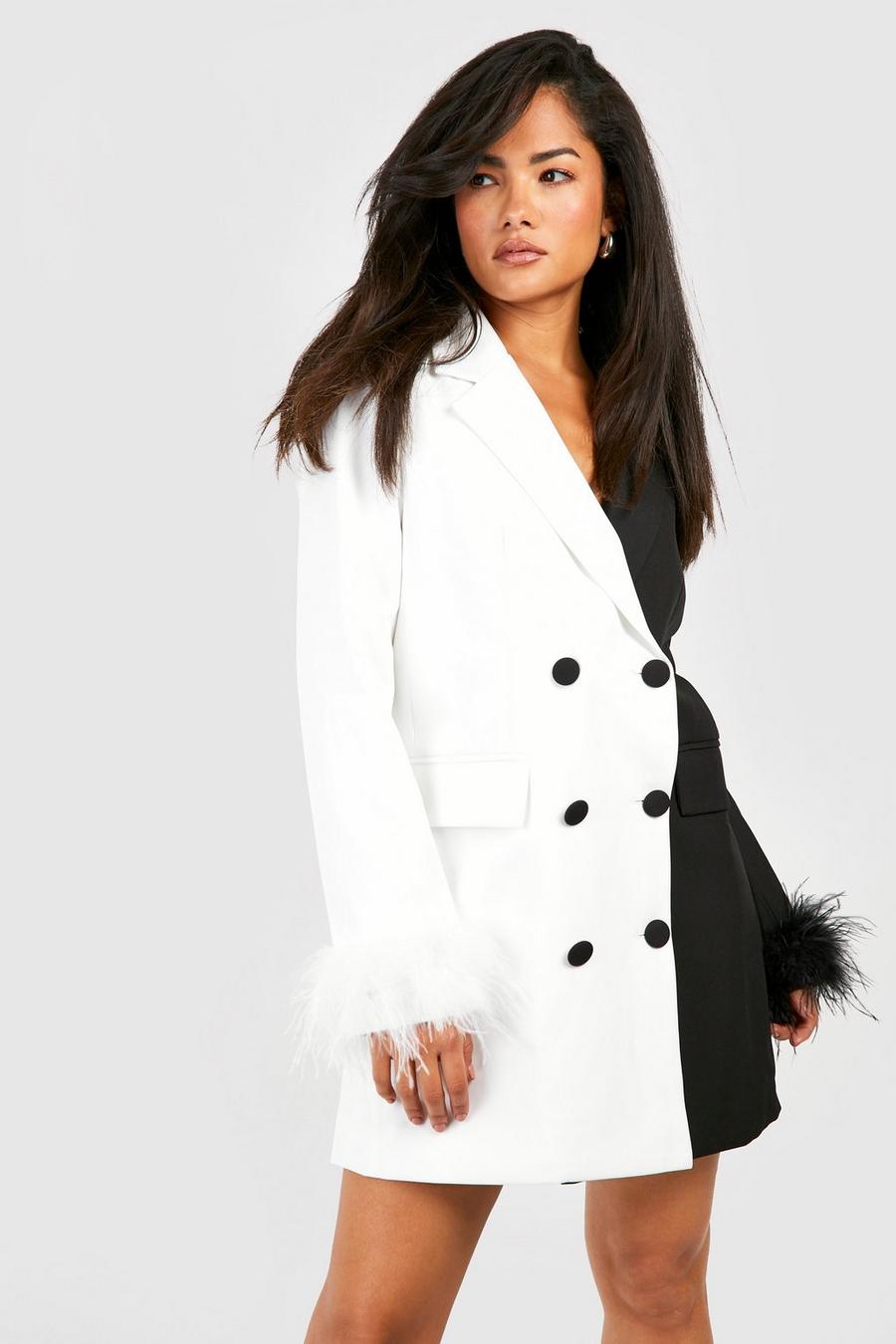 Mono Double Breasted Feather Trim Blazer Dress | boohoo USA Mono Double Breasted Feather Trim Blazer Dress | boohoo USA