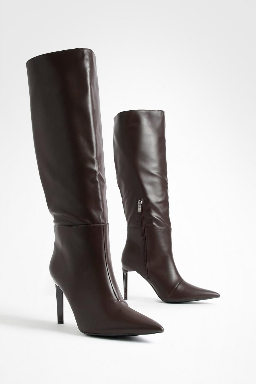 Chocolate brown Wide Fit Stiletto Mid Height Knee High Boots   