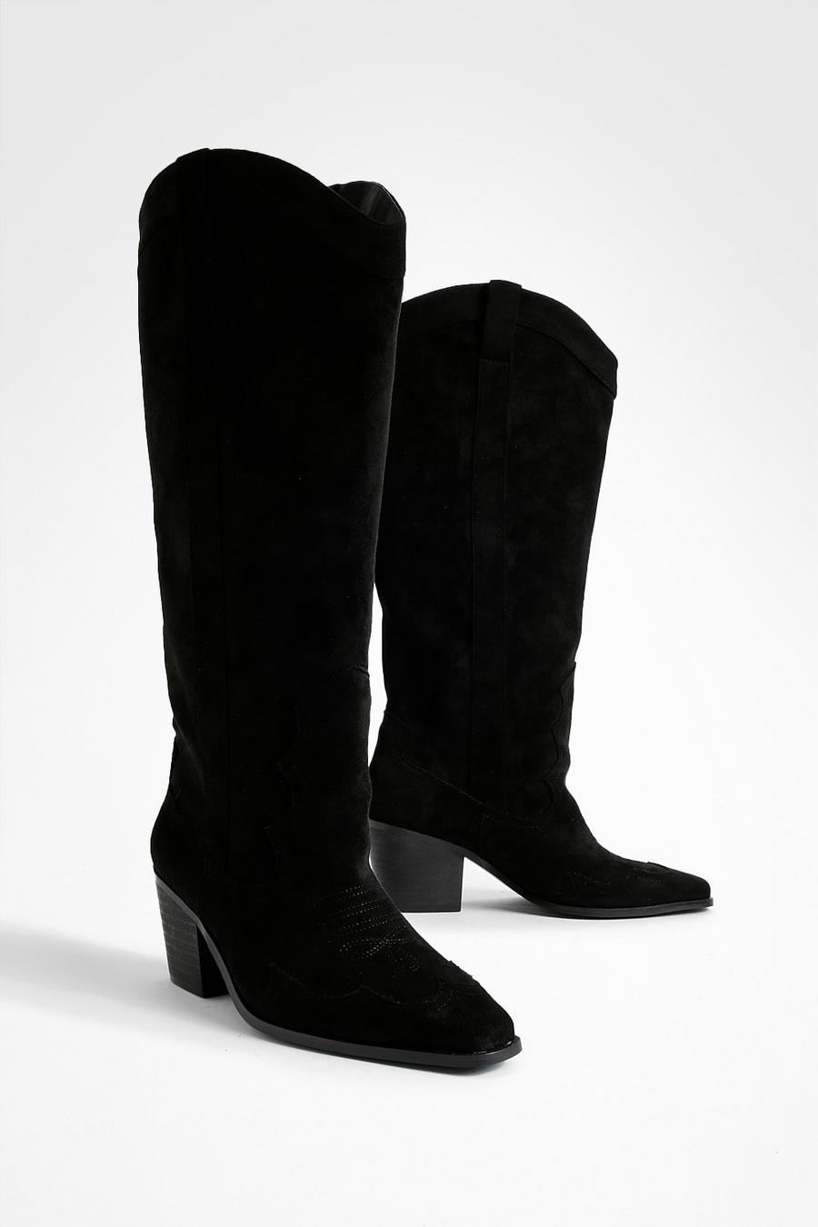 Black Wide Fit Knee High Heeled Western Cowboy Boots  image number 1