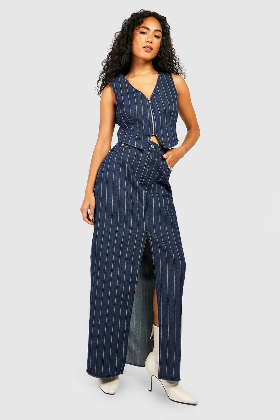 Gonna maxi in denim a righe, Navy image number 1