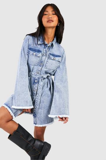 Light Brown Acid Wash Fray Hem Belted Denim Shirt Dress