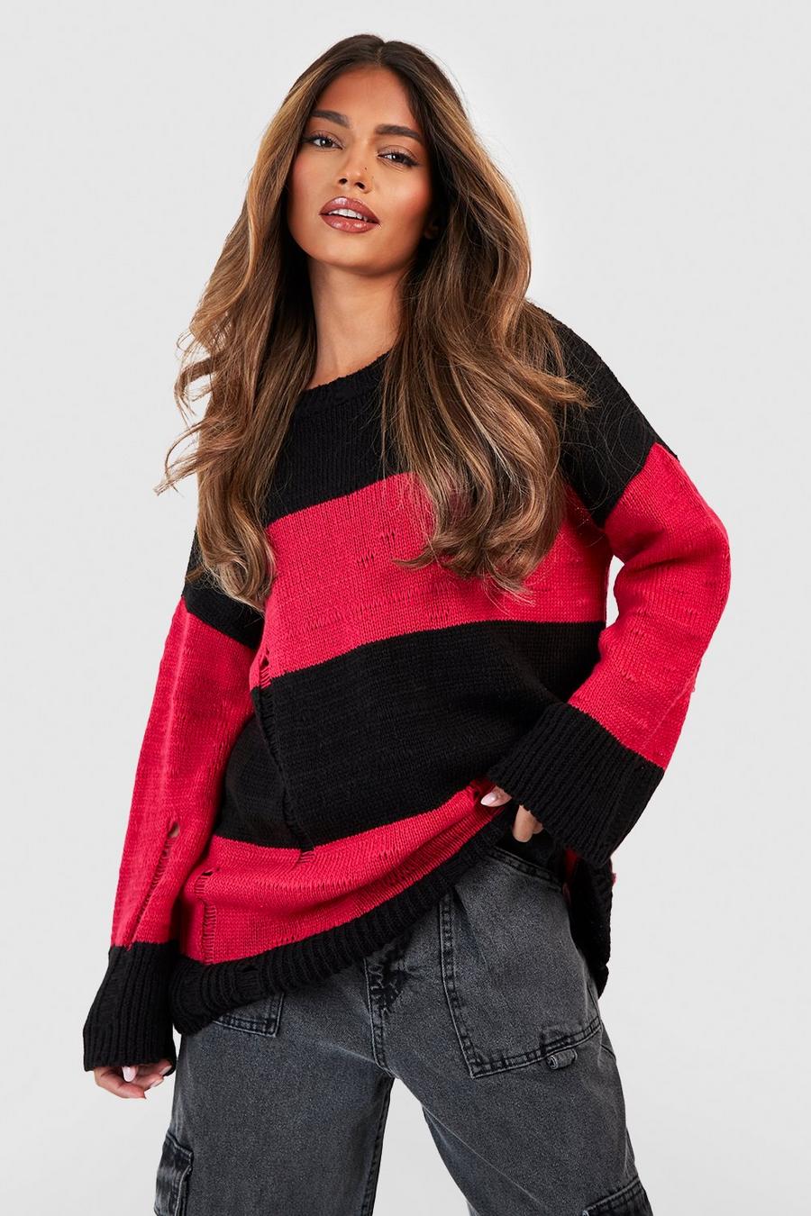 Black Distressed Stripe Oversized Sweater