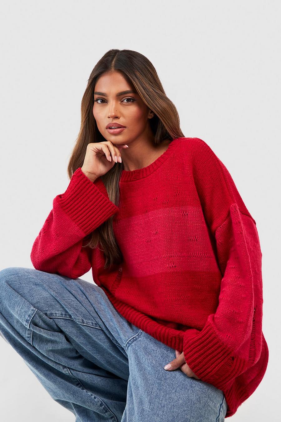 Red Distressed Stripe Oversized Sweater