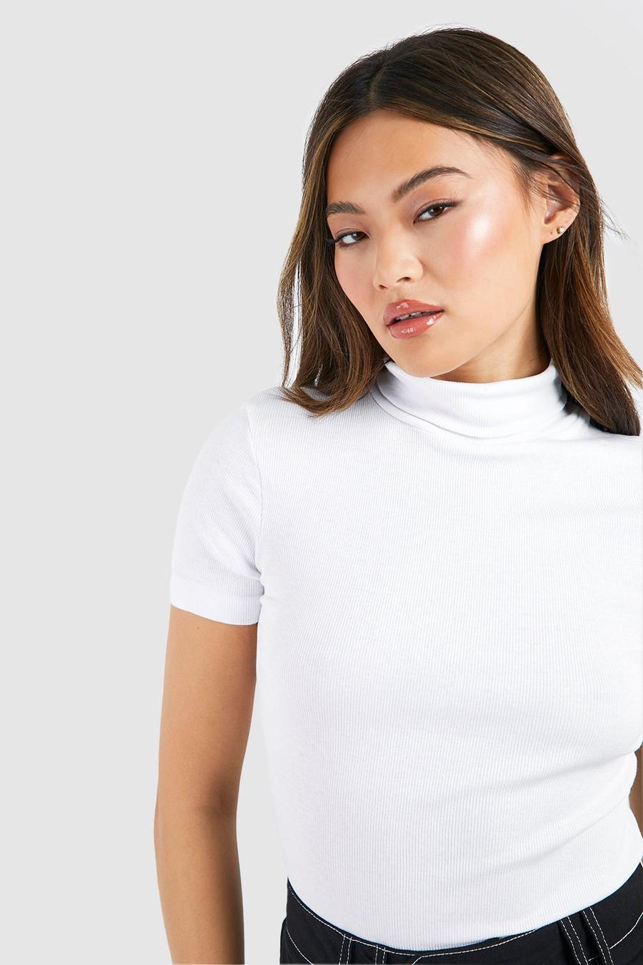 White Short Sleeve High Neck T-shirt  image number 1