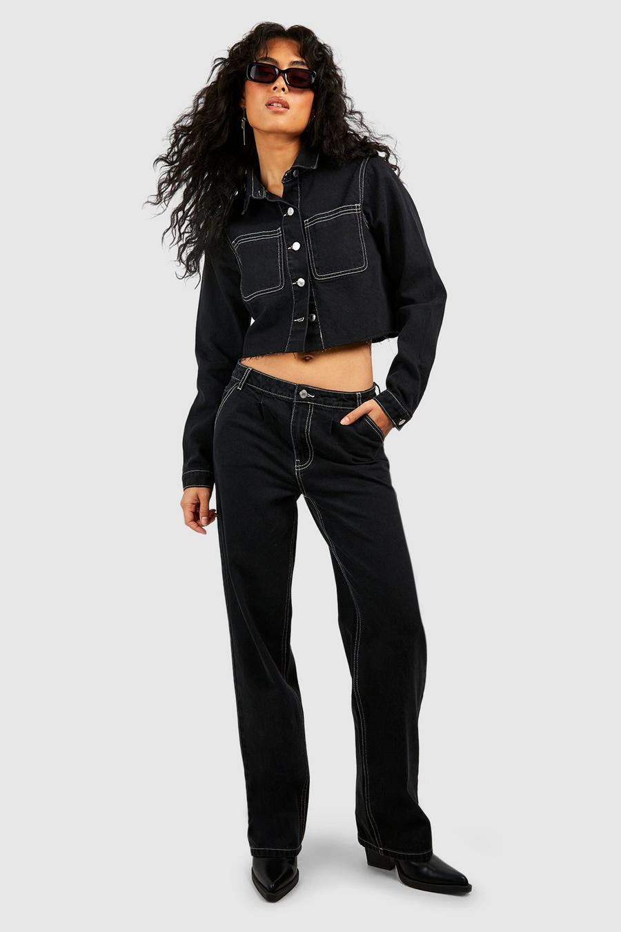 Black Mellanlånga jeans med kontrastsömmar och vida ben image number 1