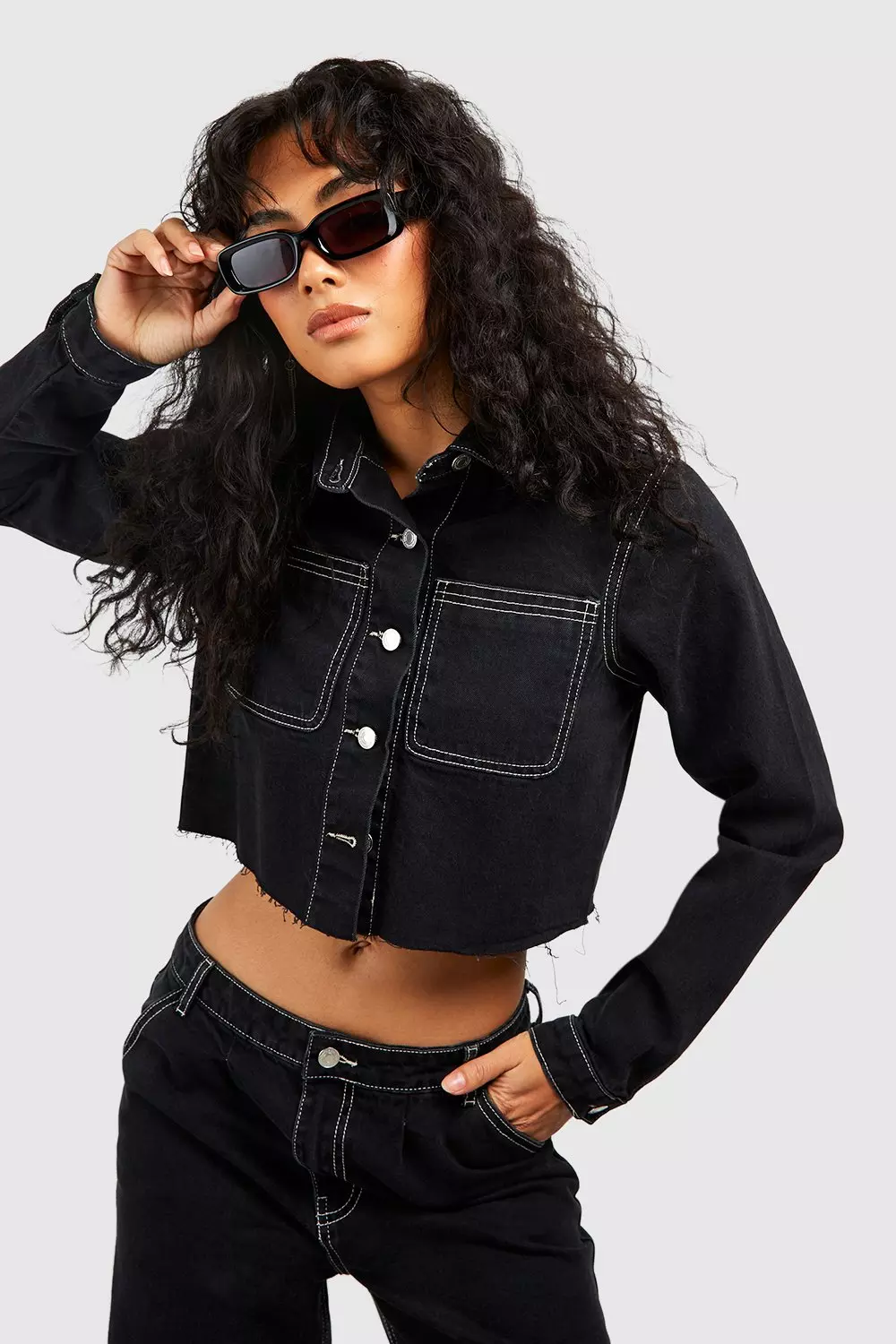 Raw hem black denim jacket deals