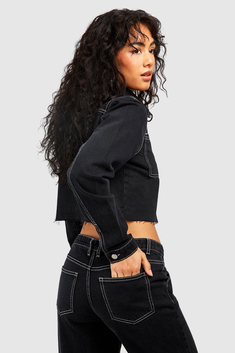 Black cropped raw shop hem denim jacket