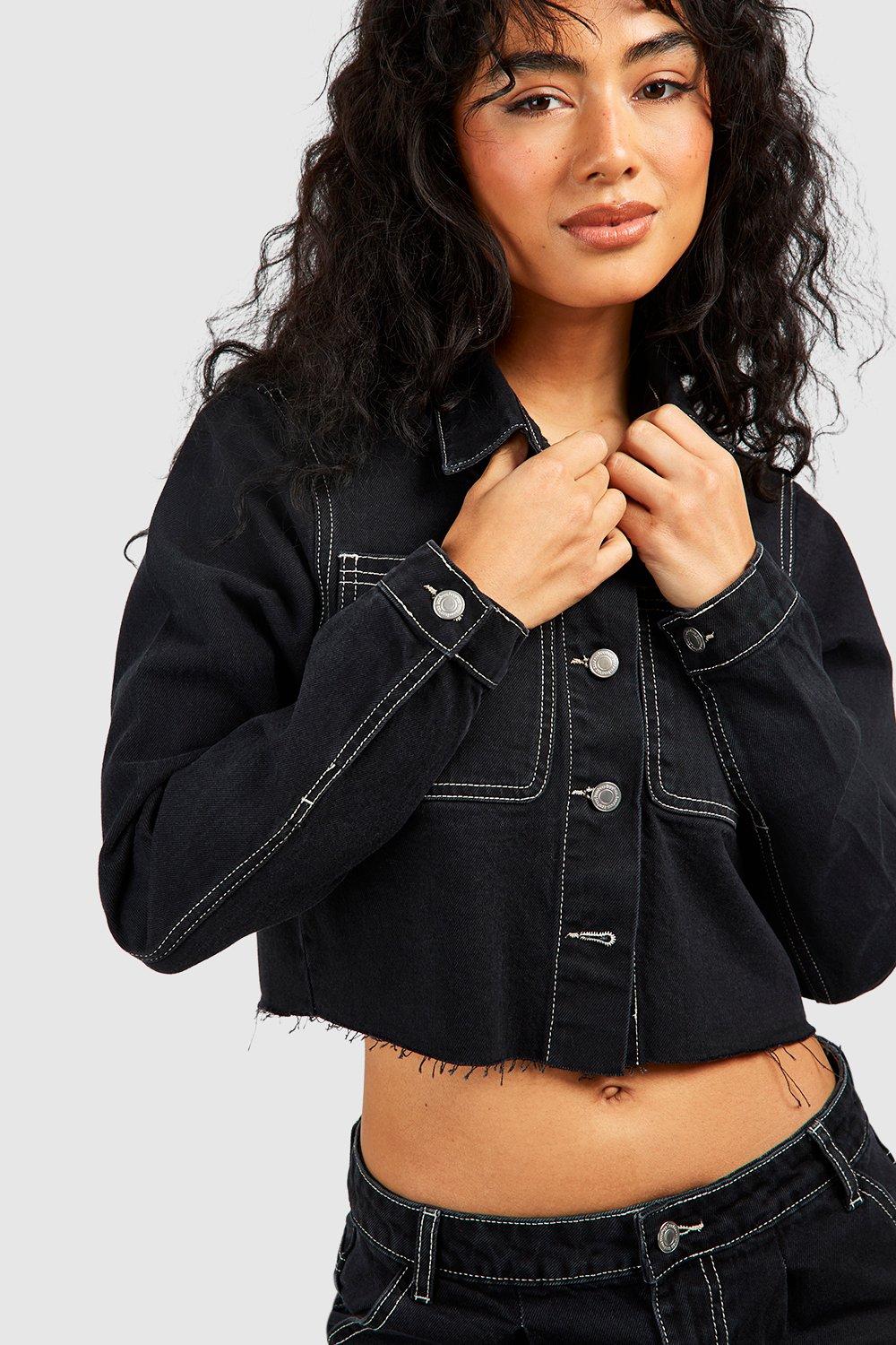 Black cropped raw hot sale hem denim jacket