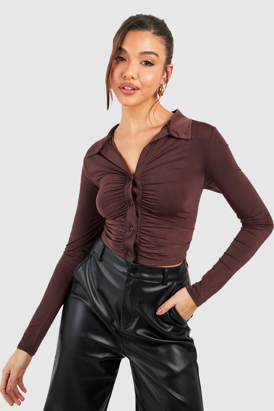 Chocolate Slinky Rouche Crop Shirt  image number 1