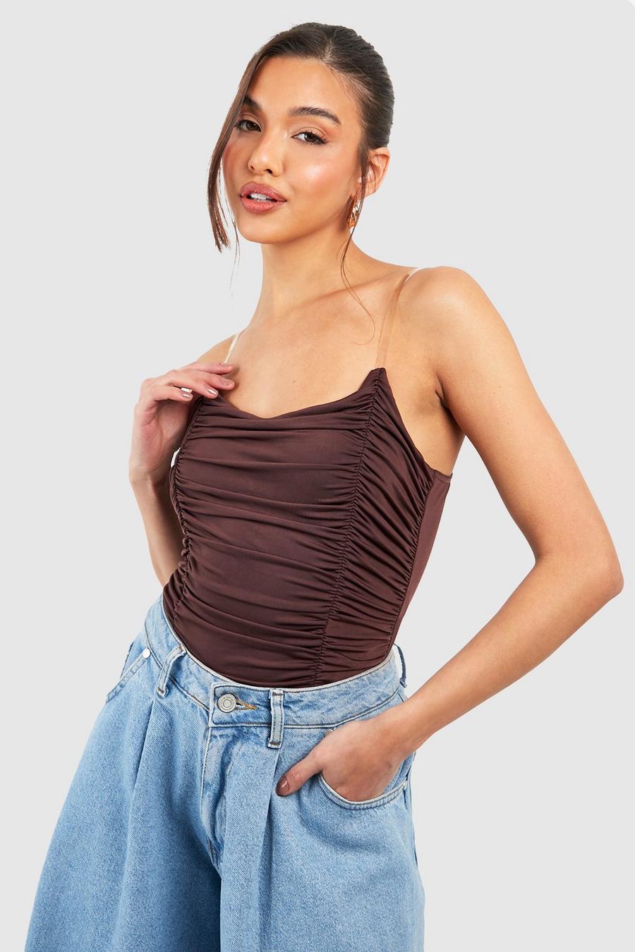 Chocolate Double Sliky Rouched Clear Strap Bodysuit image number 1