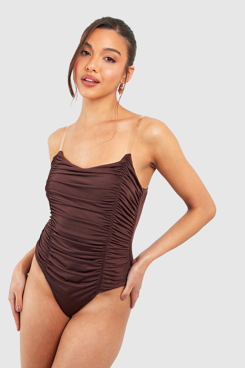 Double Sliky Rouched Clear Strap Bodysuit