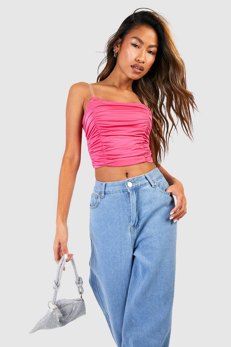 Magenta Double Sliky Rouched Clear Strap Crop image number 1