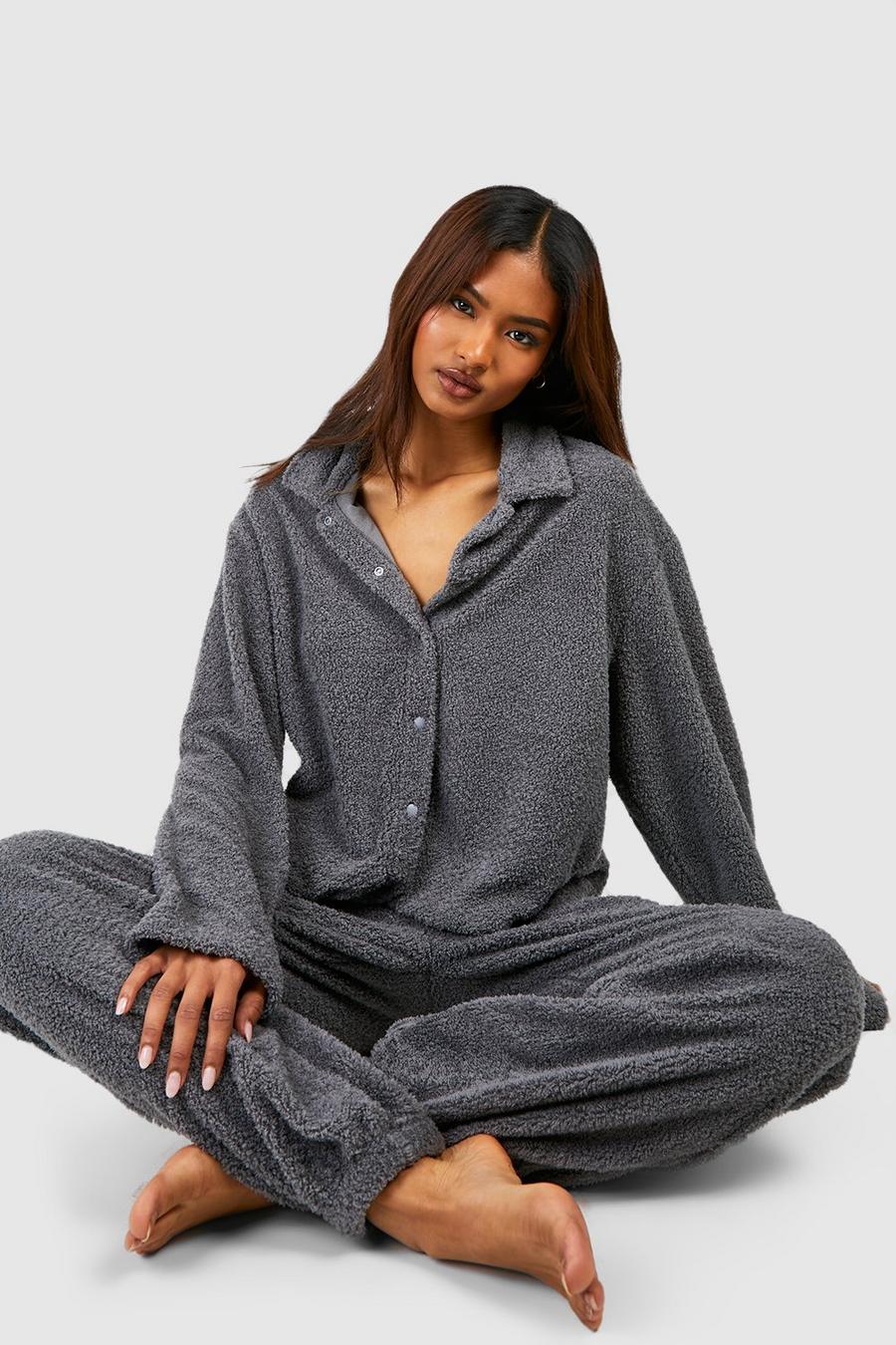 Grey Tall Fluffy Collared Loungewear Shirt image number 1