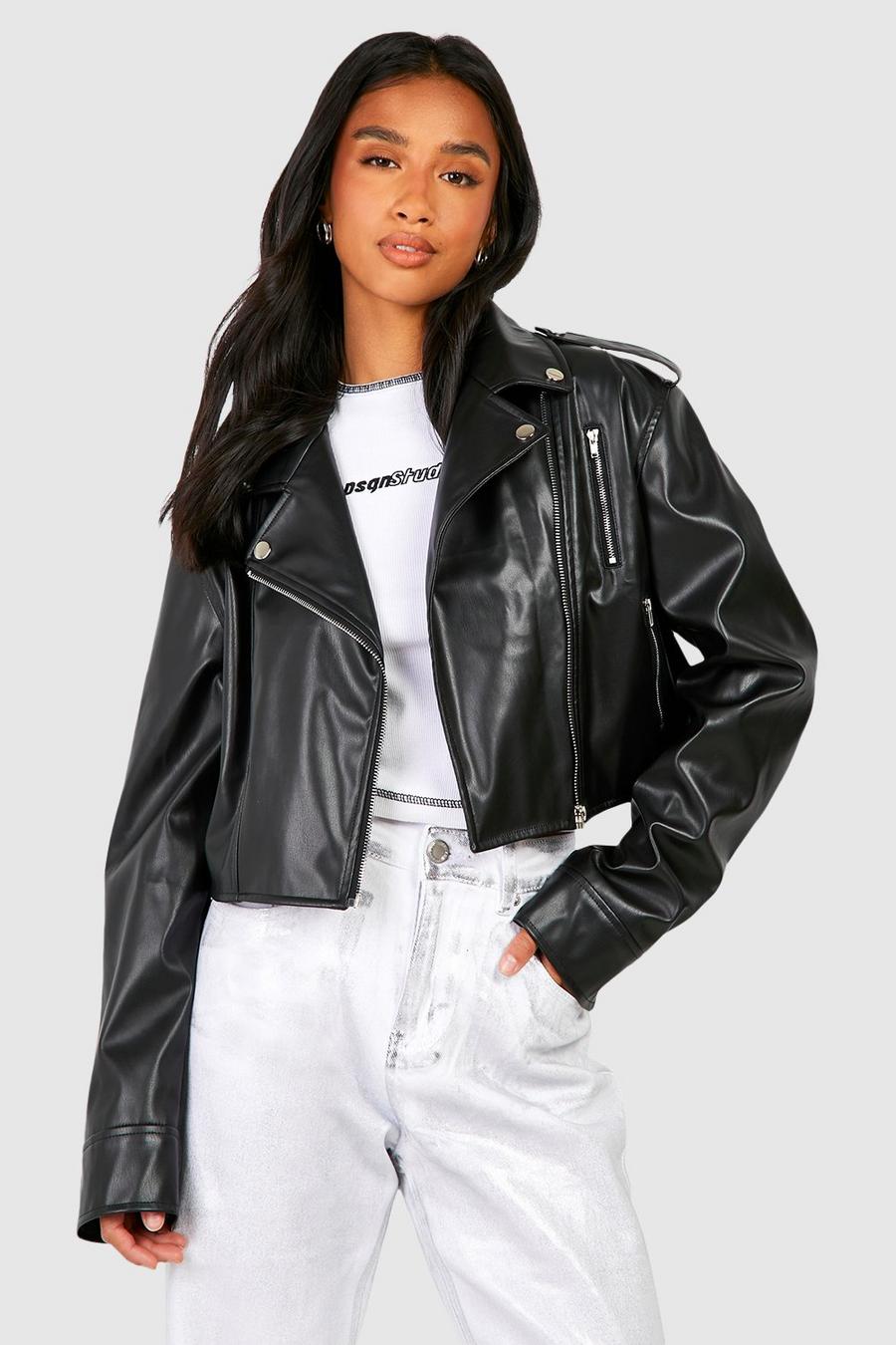 Black Petite Crop Faux Leather Biker Jacket  image number 1