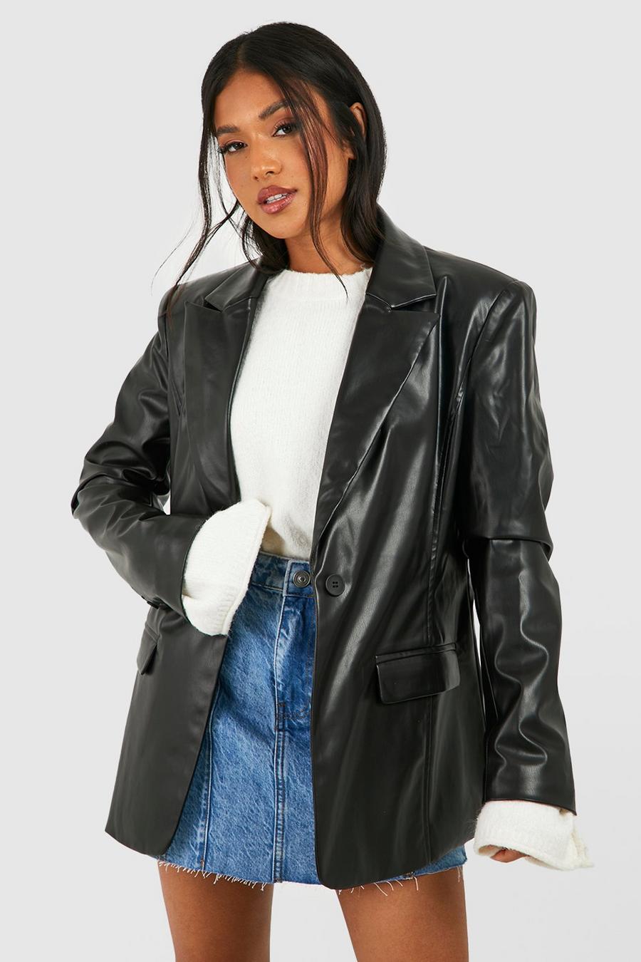 Black Petite Tailored Faux Leather Blazer  image number 1