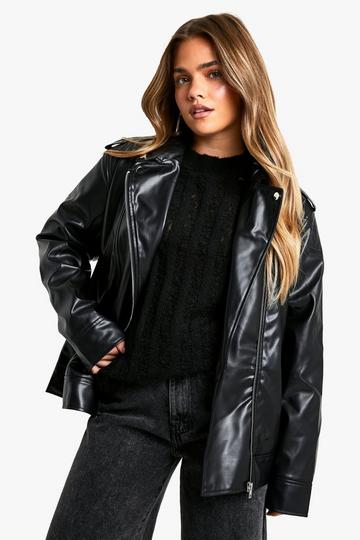 Petite Oversized Faux Leather Biker Jacket black