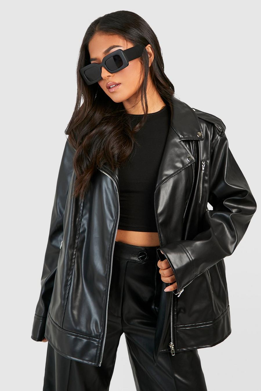 Black Petite Oversized Faux Leather Biker Jacket 