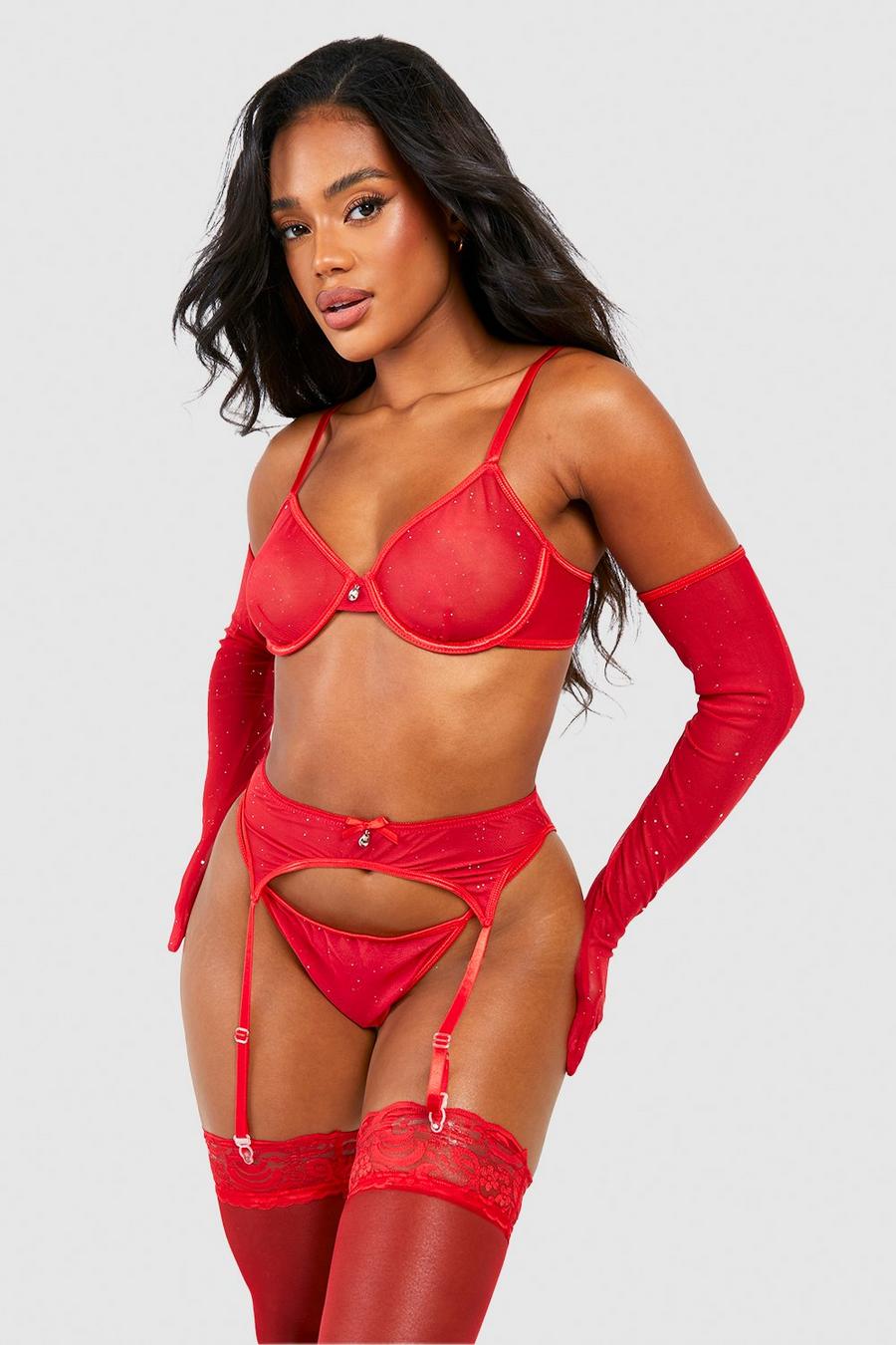 Red rot Sparkle Lingerie And Suspender Set With Gloves 