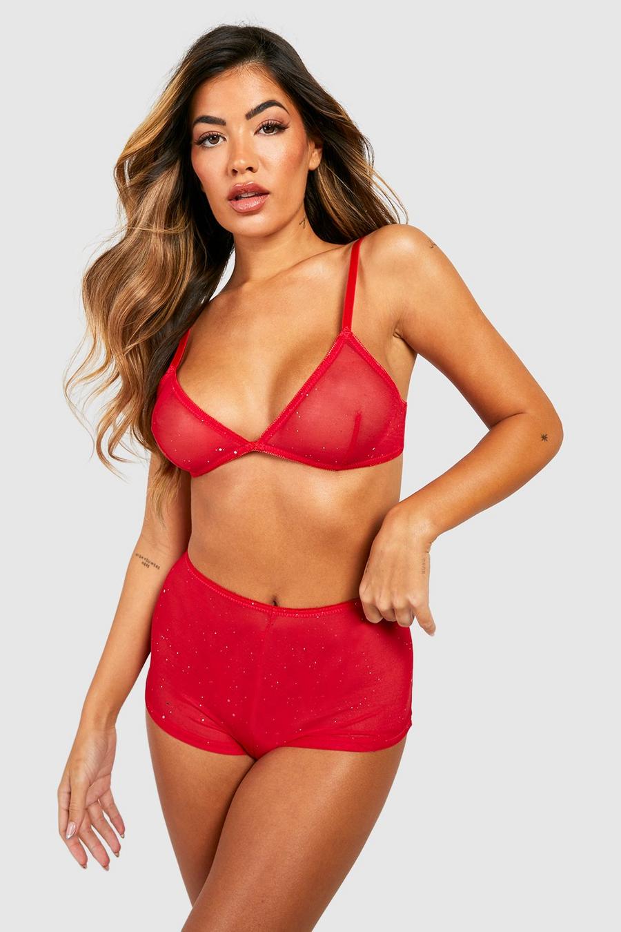 Red rot Sparkle Hot Pant And Bralet Lingerie Set 