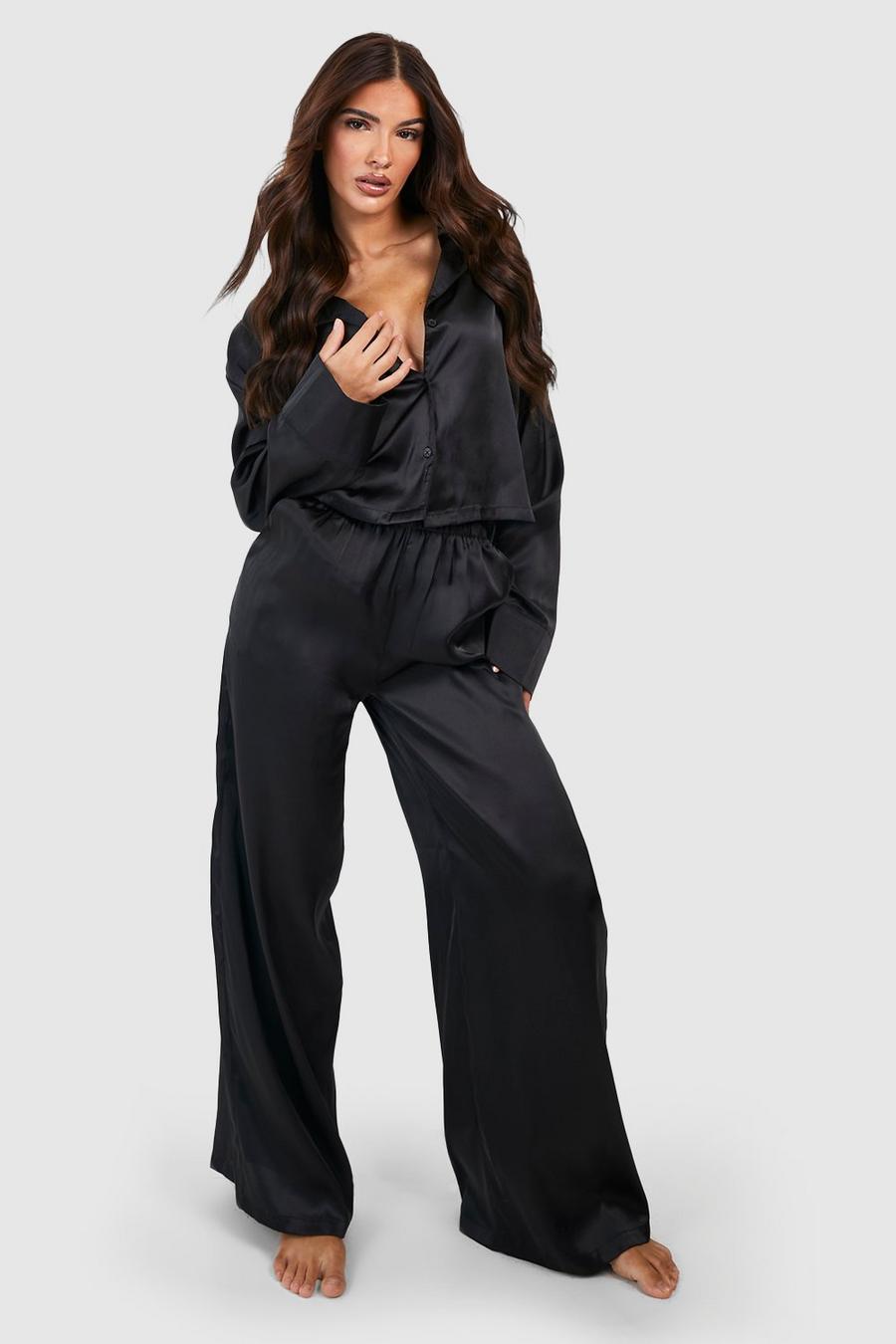 Pijama de pernera ancha y camisa crop oversize, Black image number 1