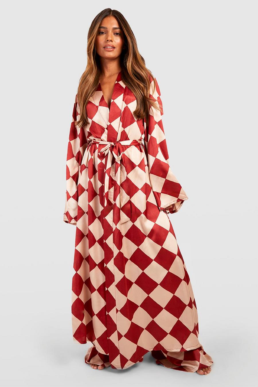 Red Oversized Checkerboard Print Maxi Robe