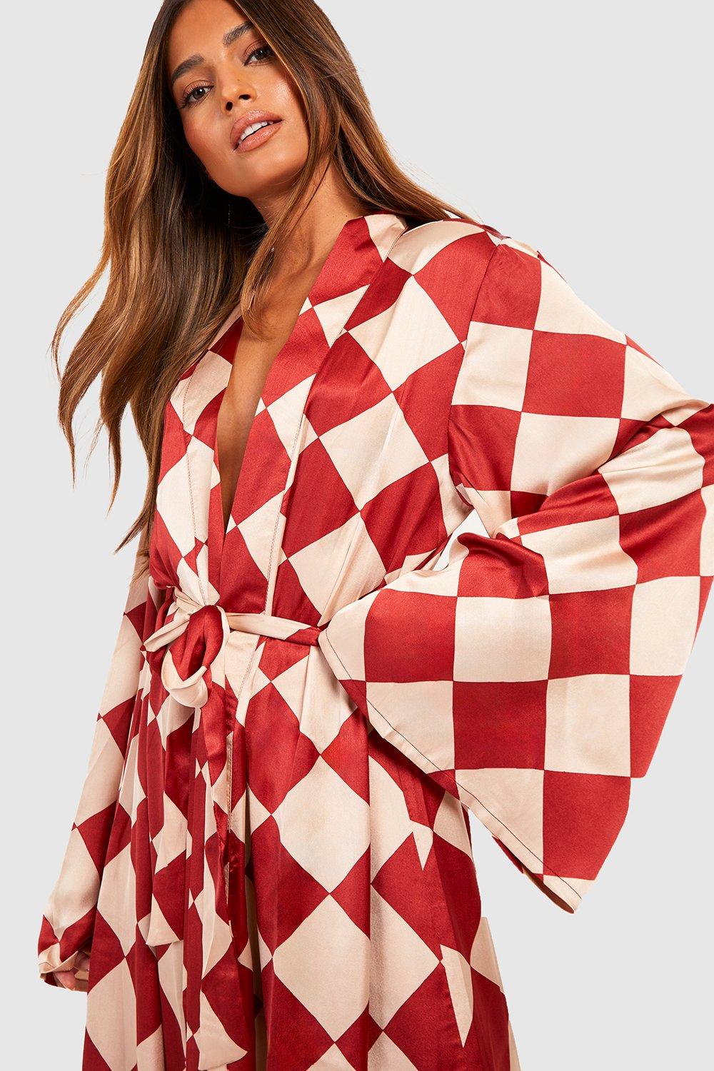 Oversized Checkerboard Print Maxi Robe