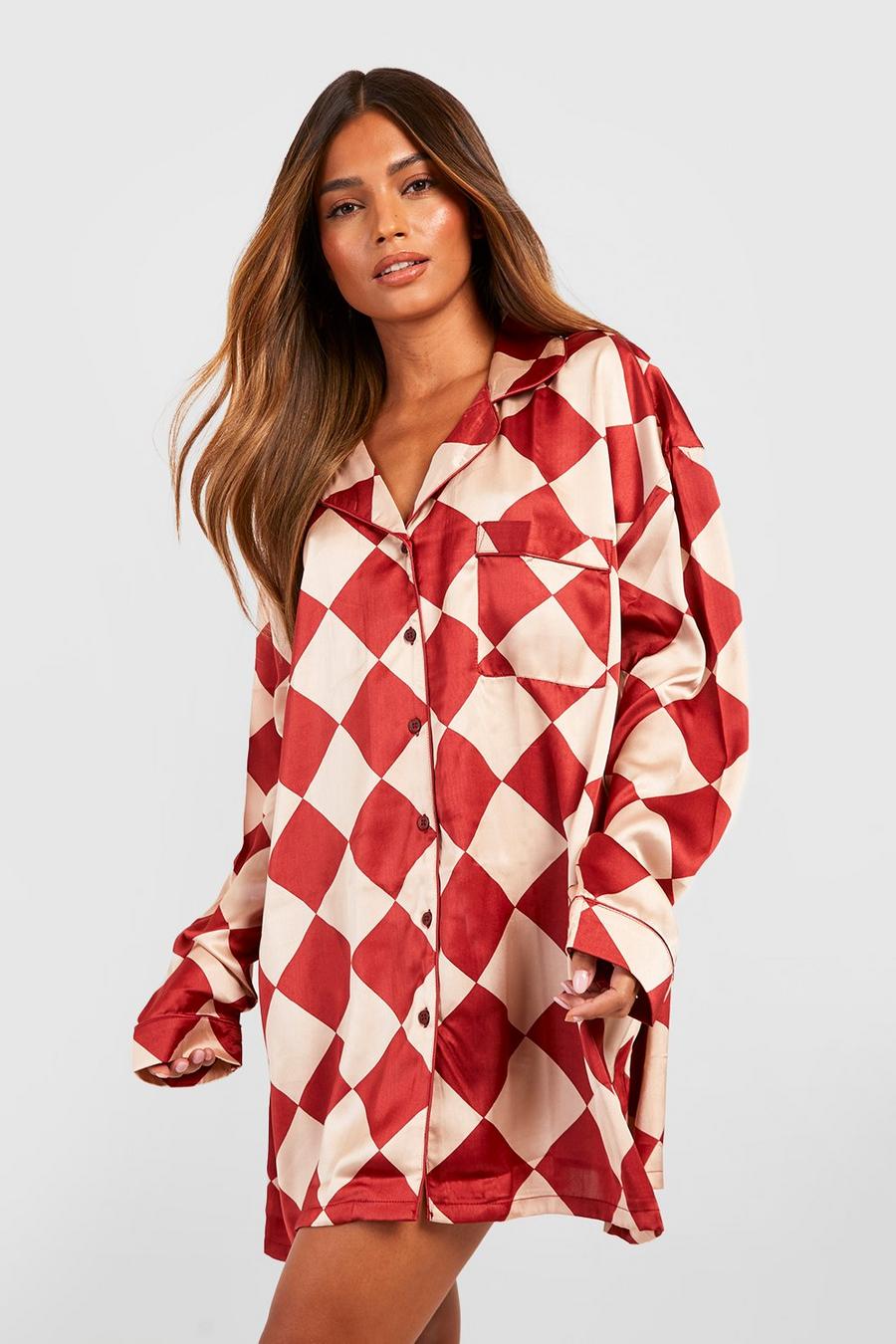 Red Oversized Checkerboard Print Night Shirt