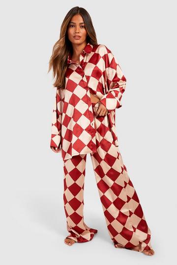 Oversized Checkerboard Print Pajama Set red