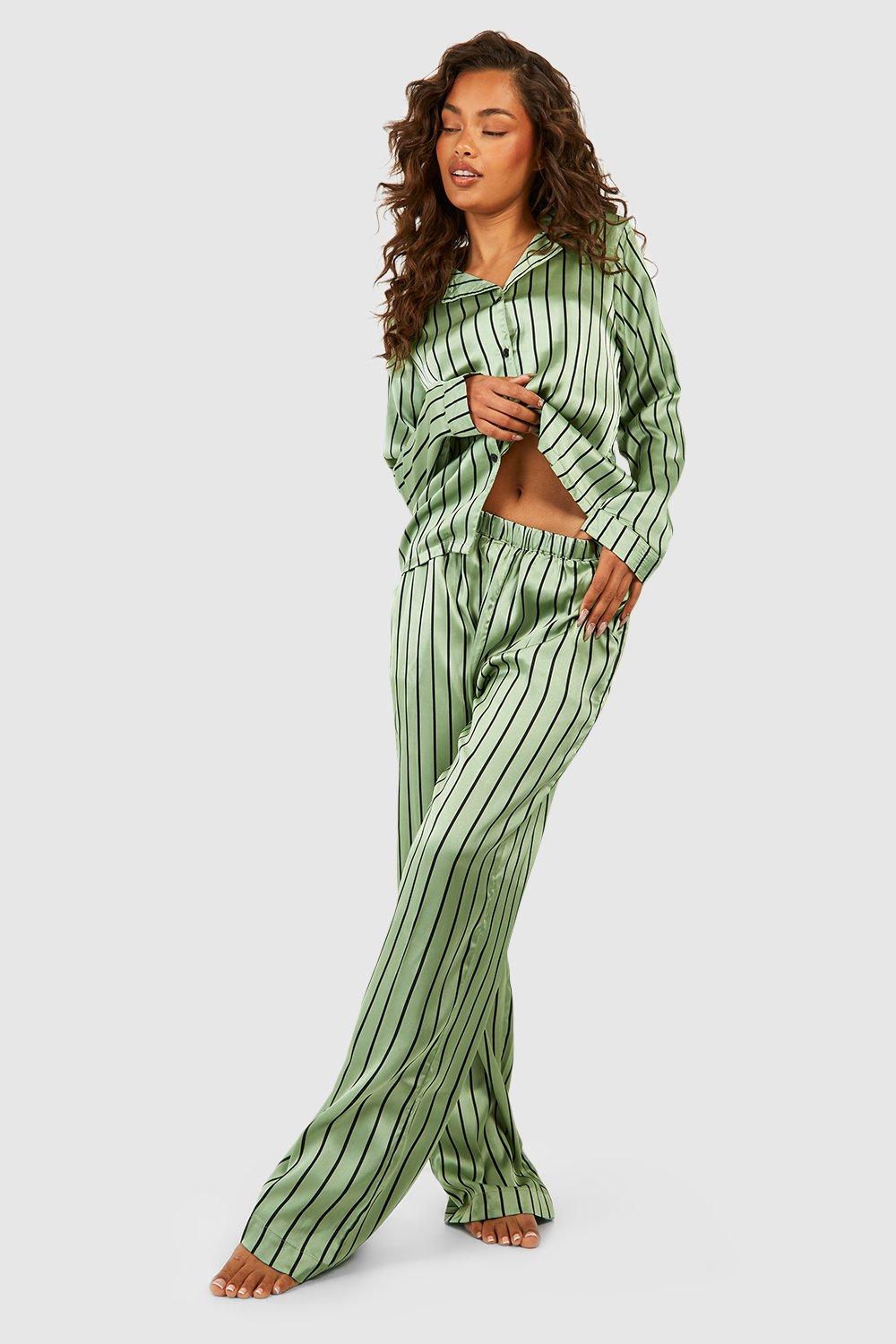 Green Stripe Button Shirt And Pants Pajama Set boohoo