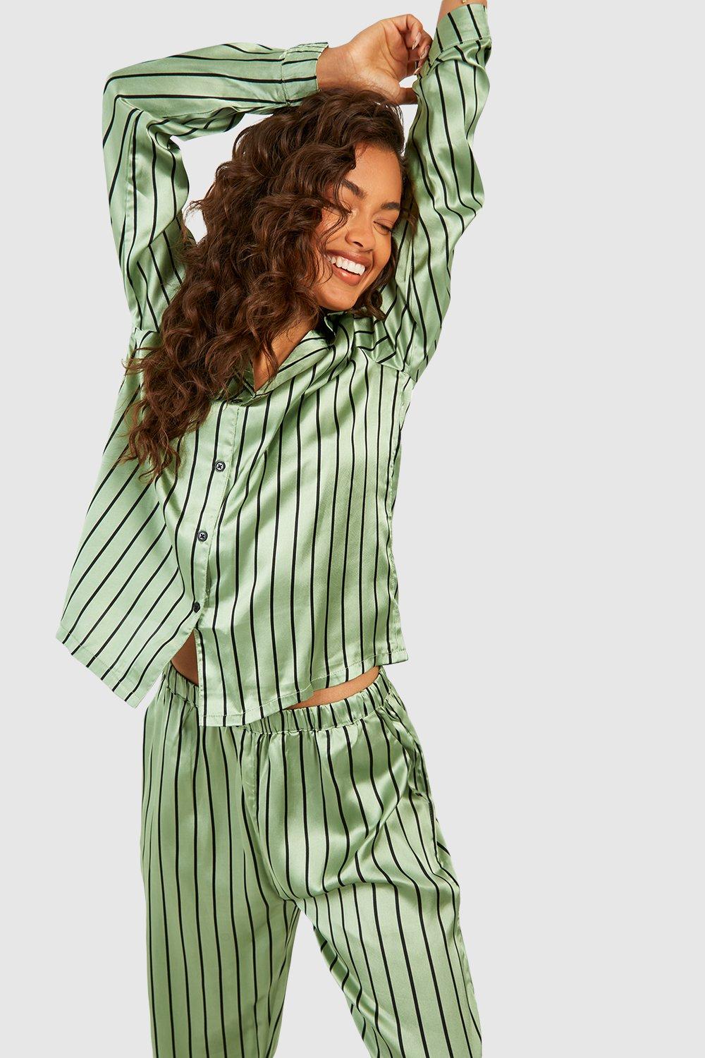 Green Stripe Button Shirt And Trouser Pyjama Set