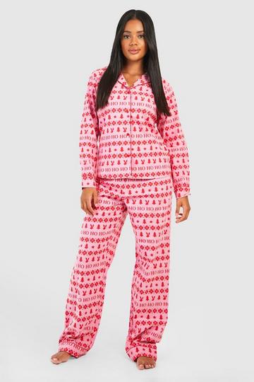 Christmas Brushed Print Pajama Pants Set pink