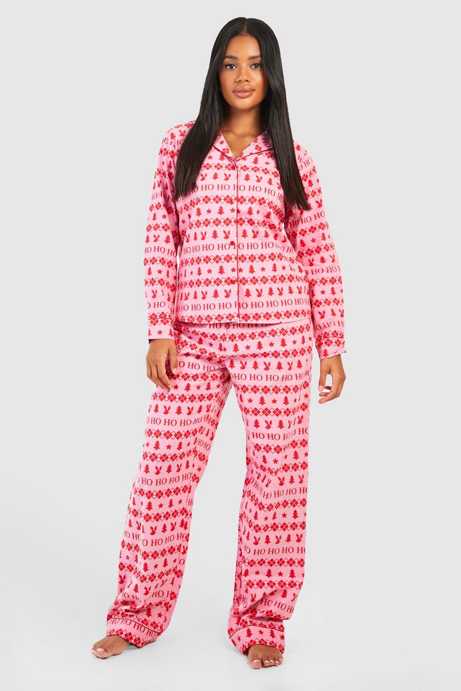 Pijama largo navideño con estampado cardado, Pink rosa