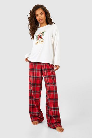 Kerst Print T-Shirt En Geborstelde Geruite Broek Set red