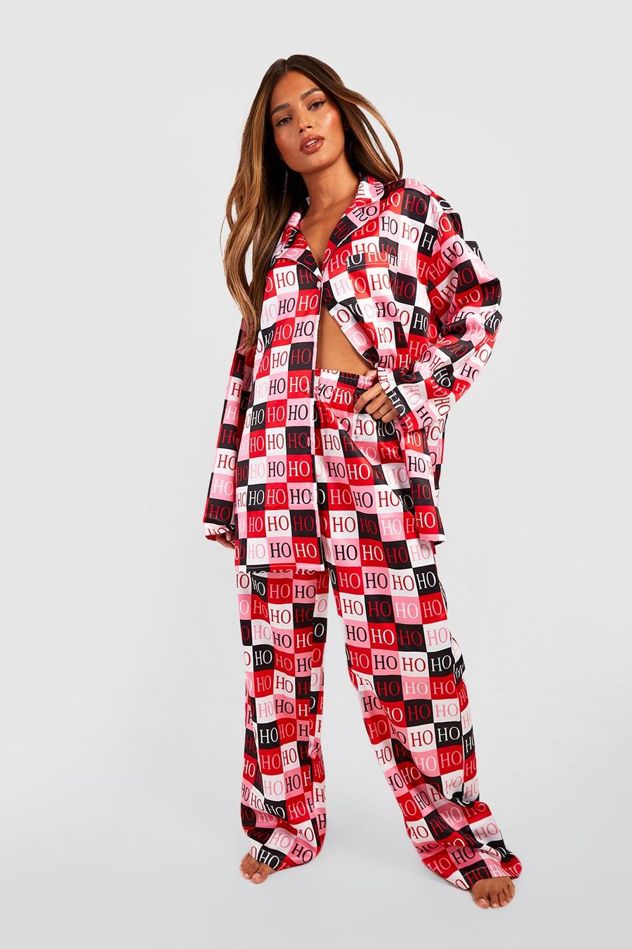 Red Hohoho Print Satin Pyjama Pants Set image number 1