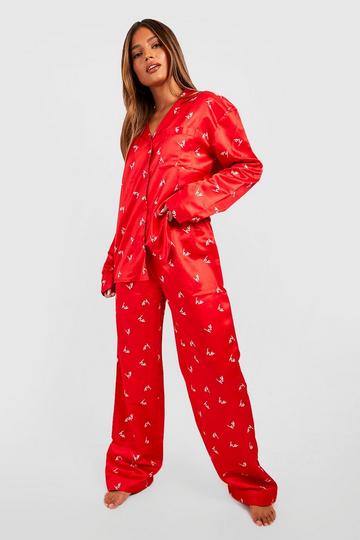 All Over Christmas Print Satin Pajama Pants Set red