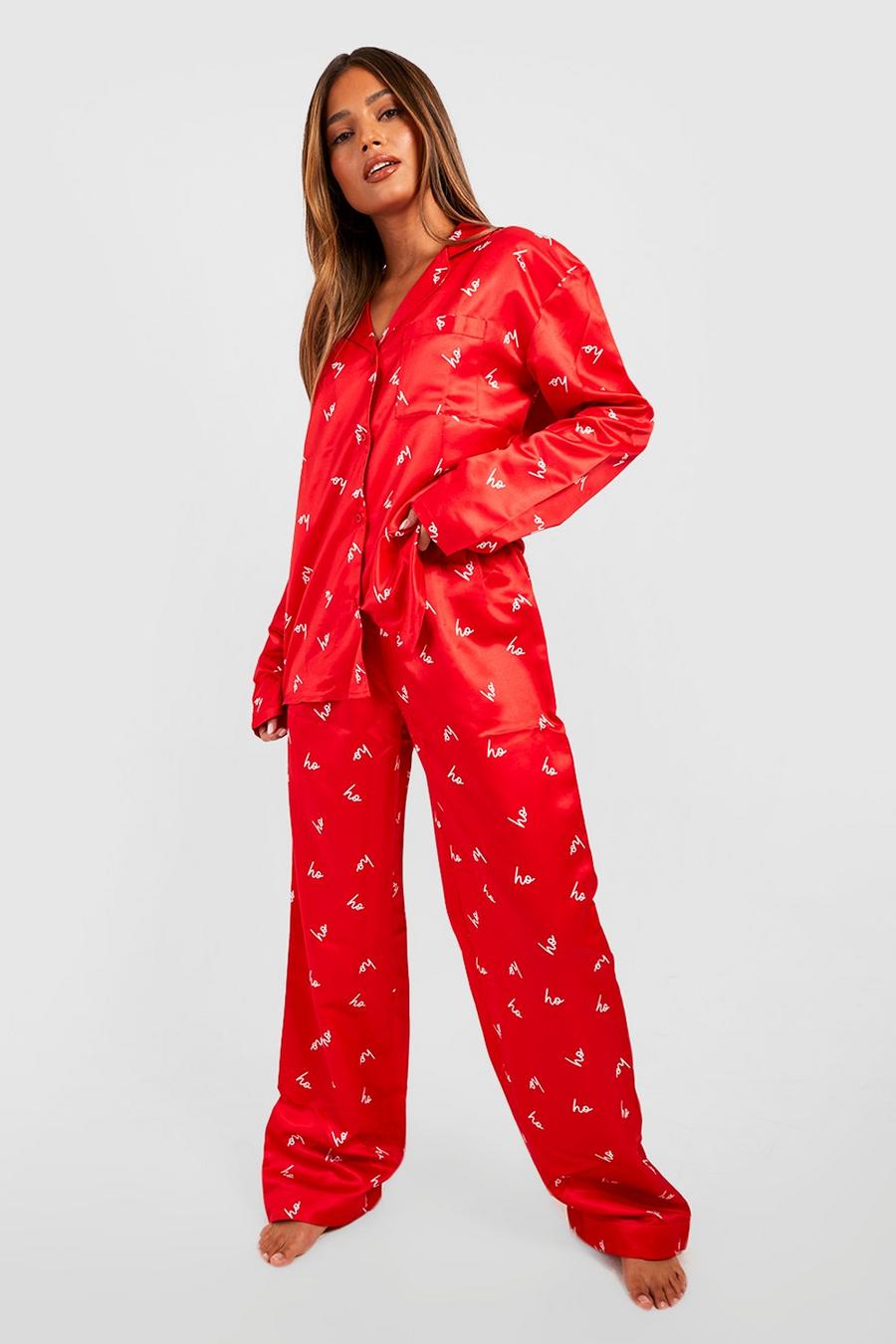 Pijama largo de raso con estampado navideño, Red rojo