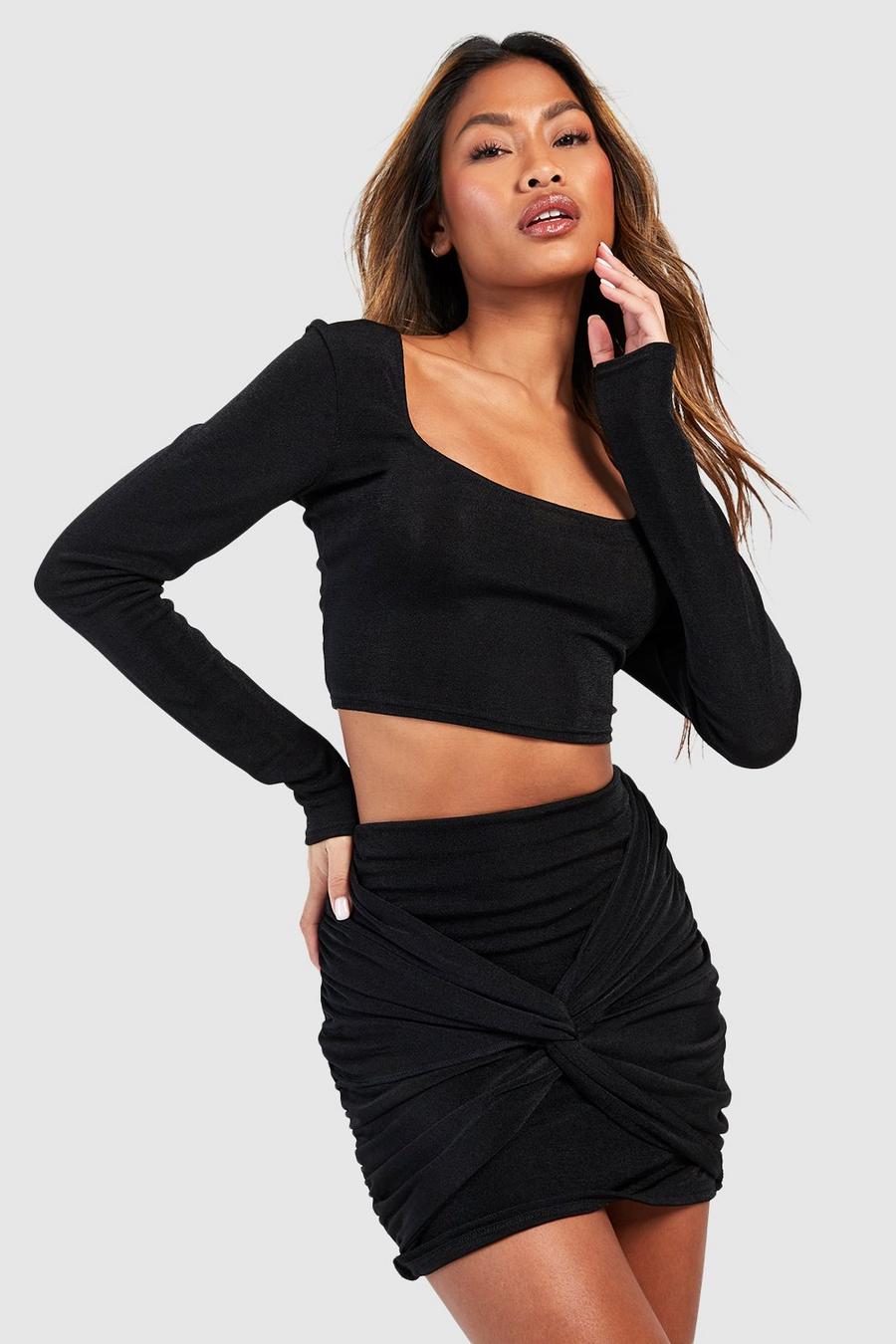 Black Acetate Slinky Square Neck Top & Knot Front Mini Skirt image number 1