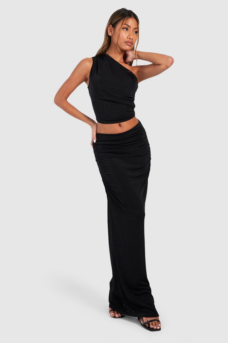 Black Acetate Slinky Asymmetric Ruched Top & Ruched Maxi Skirt image number 1