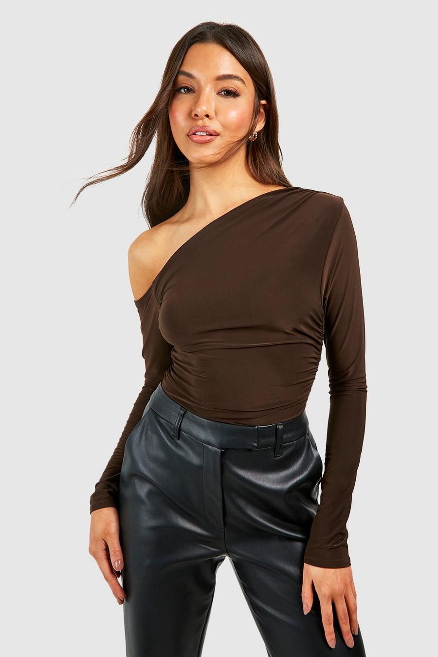 Chocolate Slinky Rouche Off The Shoulder Bodysuit image number 1