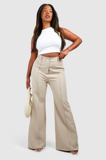 Stone Beige Plus Woven Seam Detail Tailored Flare Trousers